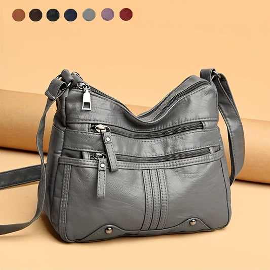 Studded Decor Crossbody Bag - Women's Multi-Pocket PU Leather Shoulder Bag