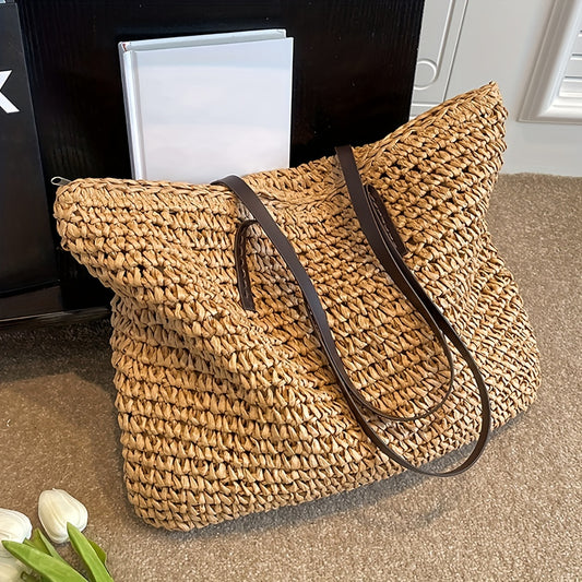 Straw Woven Large Capacity Tote Bag - Lightweight Shopping Beach Handbag